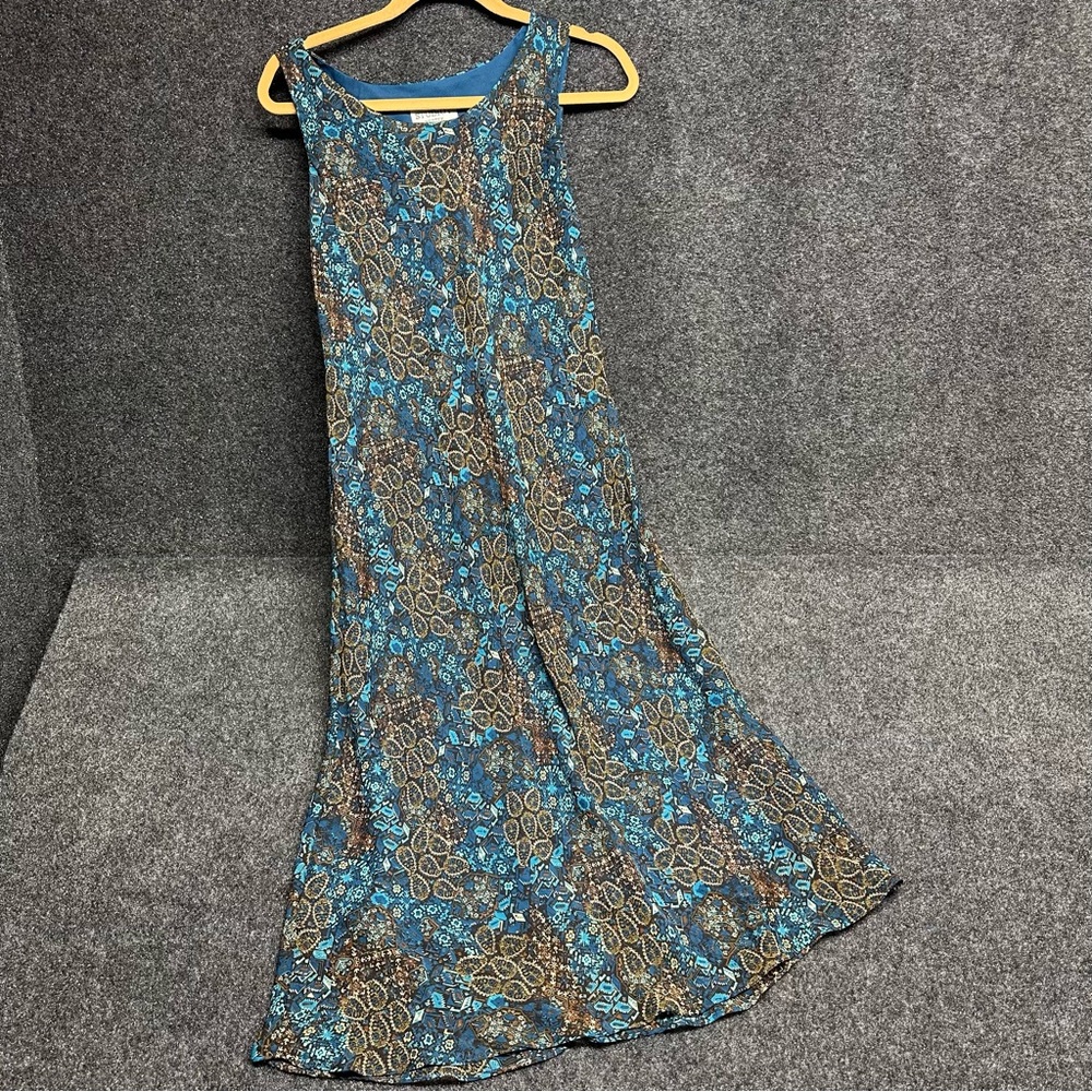 90s sheer geometric turquoise brown maxi slip dress bias cut scoop neck